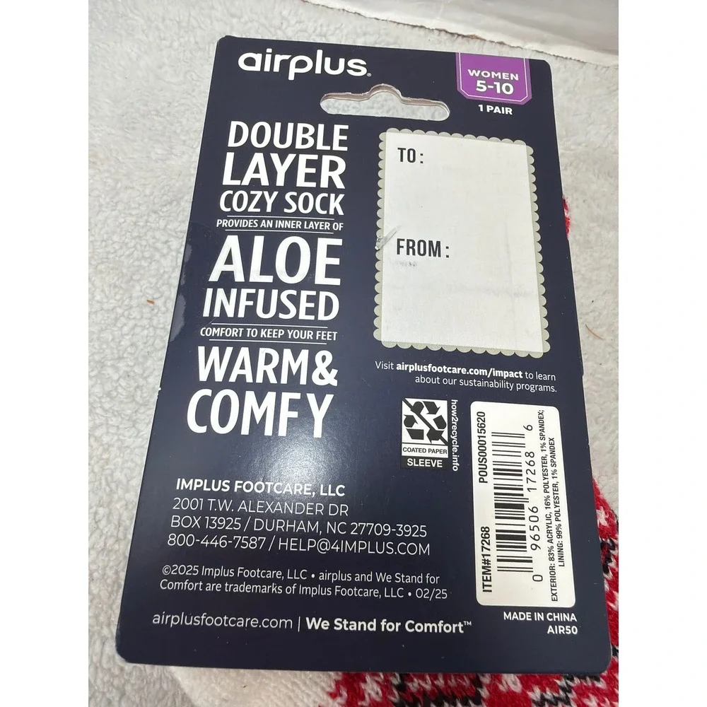 Airplus Cozy Socks Women 5-10 Red Fair Isle Aloe Infused Double Layer Crew